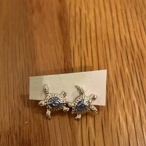 Silver Turtle Earrings with Blue Accents